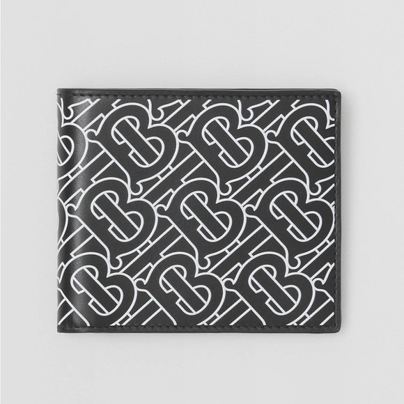BURBERRY TB MONOGRAM PRINT LOGO OFF-WHITE BLACK LEATHER BIFOLD BILL WALLET NWT - Picture 7 of 13